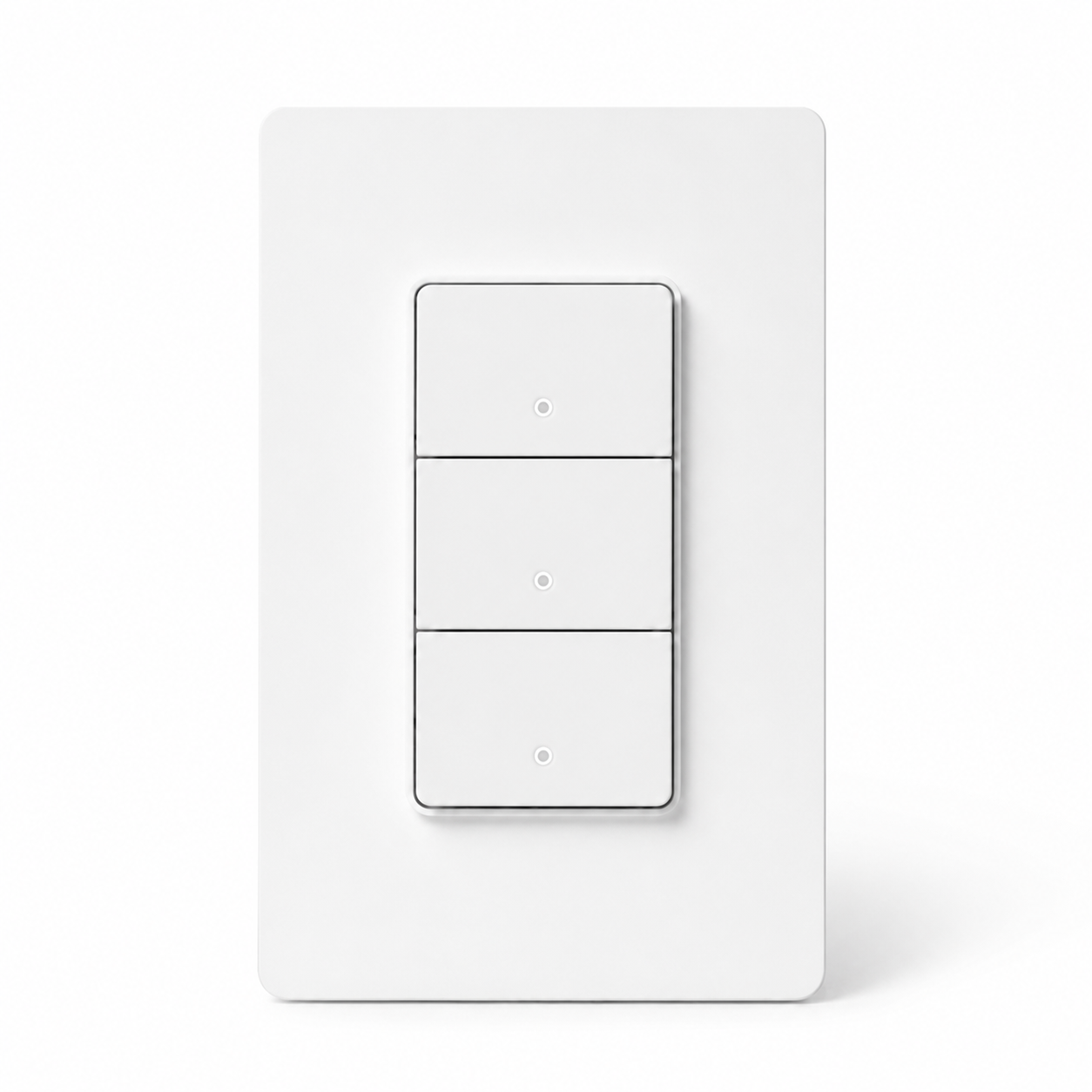 Studio packshot of NéoPush Hybrid white three-button WiFi wall switch