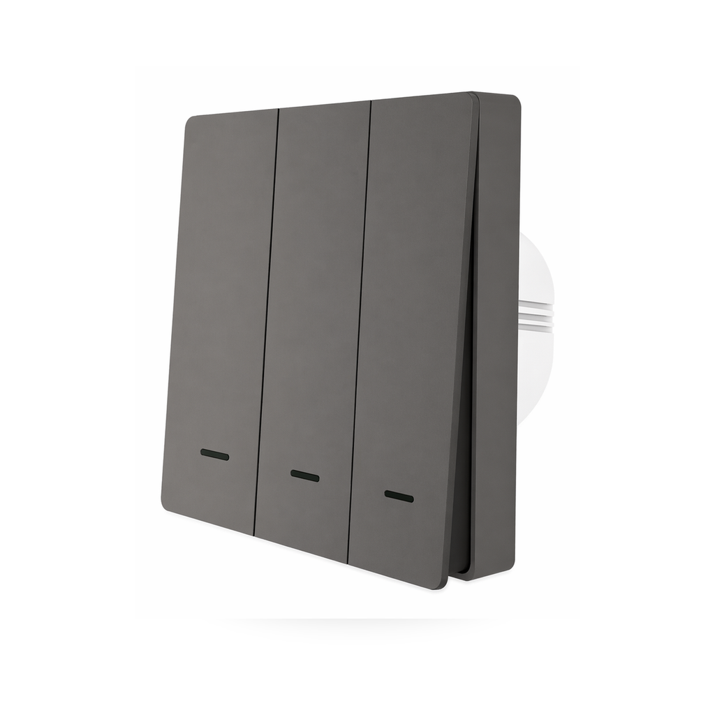 Studio packshot of grey NeoPush RF Comfort three-button switch