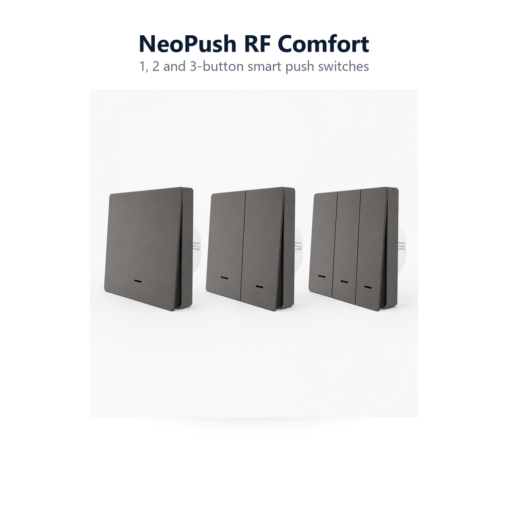 Studio lineup of grey NeoPush RF Comfort one, two and three-button smart switches