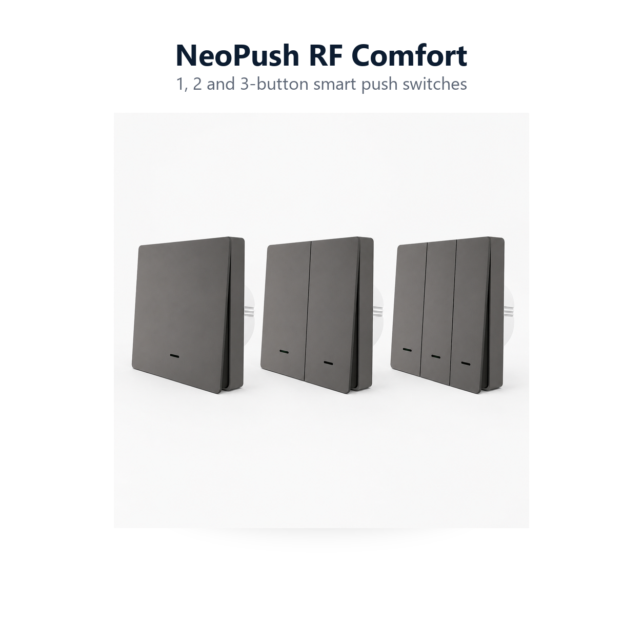 Studio lineup of grey NeoPush RF Comfort one, two and three-button smart switches