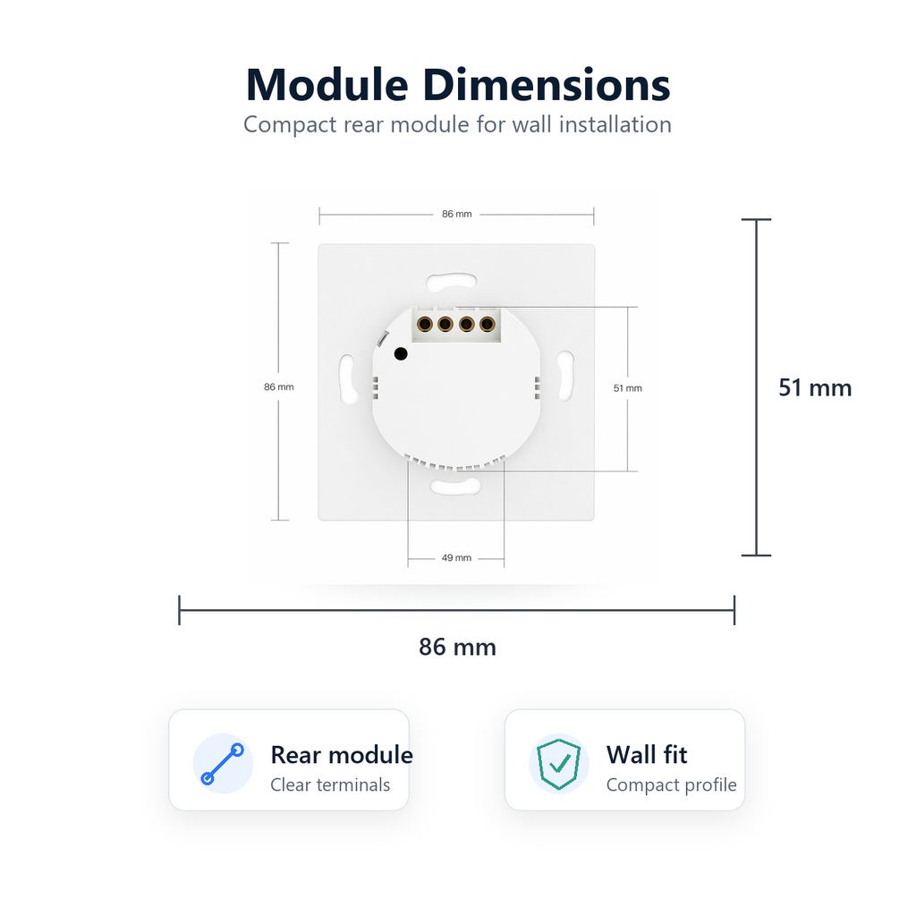Rear module dimensions for NeoPush RF Comfort wall switch
