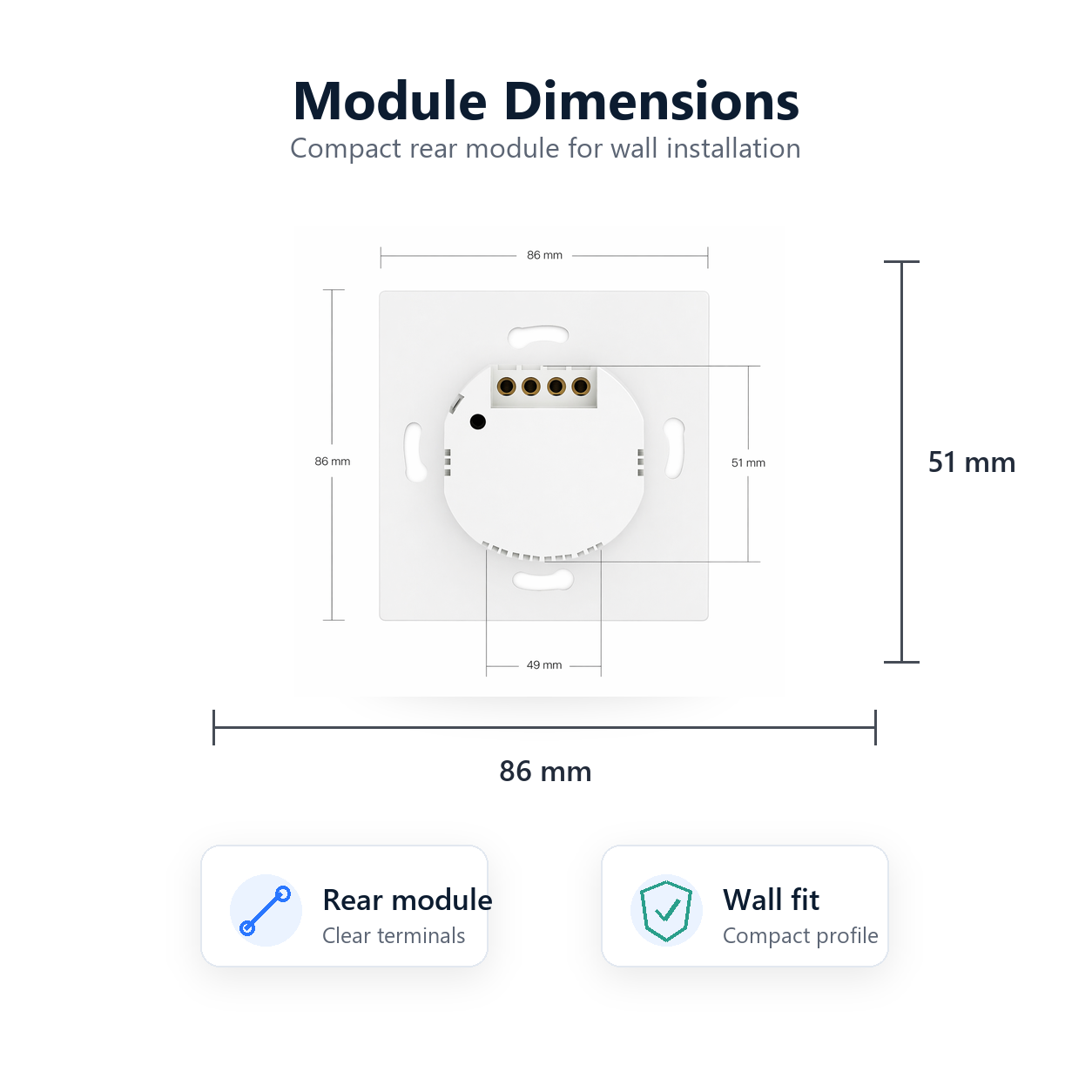 Rear module dimensions for NeoPush RF Comfort wall switch