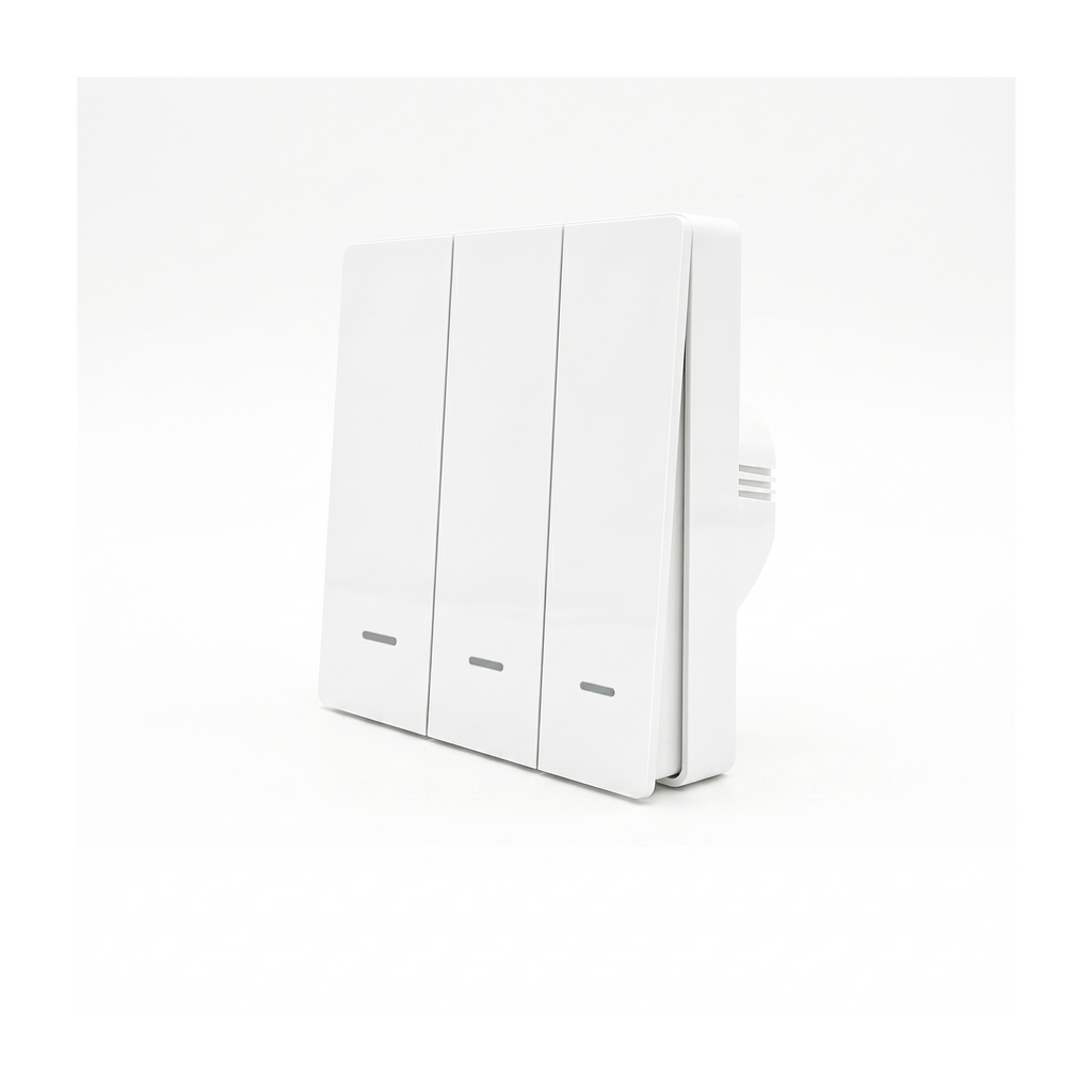 Interrupteur bouton-poussoir NéoPush RF Comfort V2 blanc pur à trois canaux.