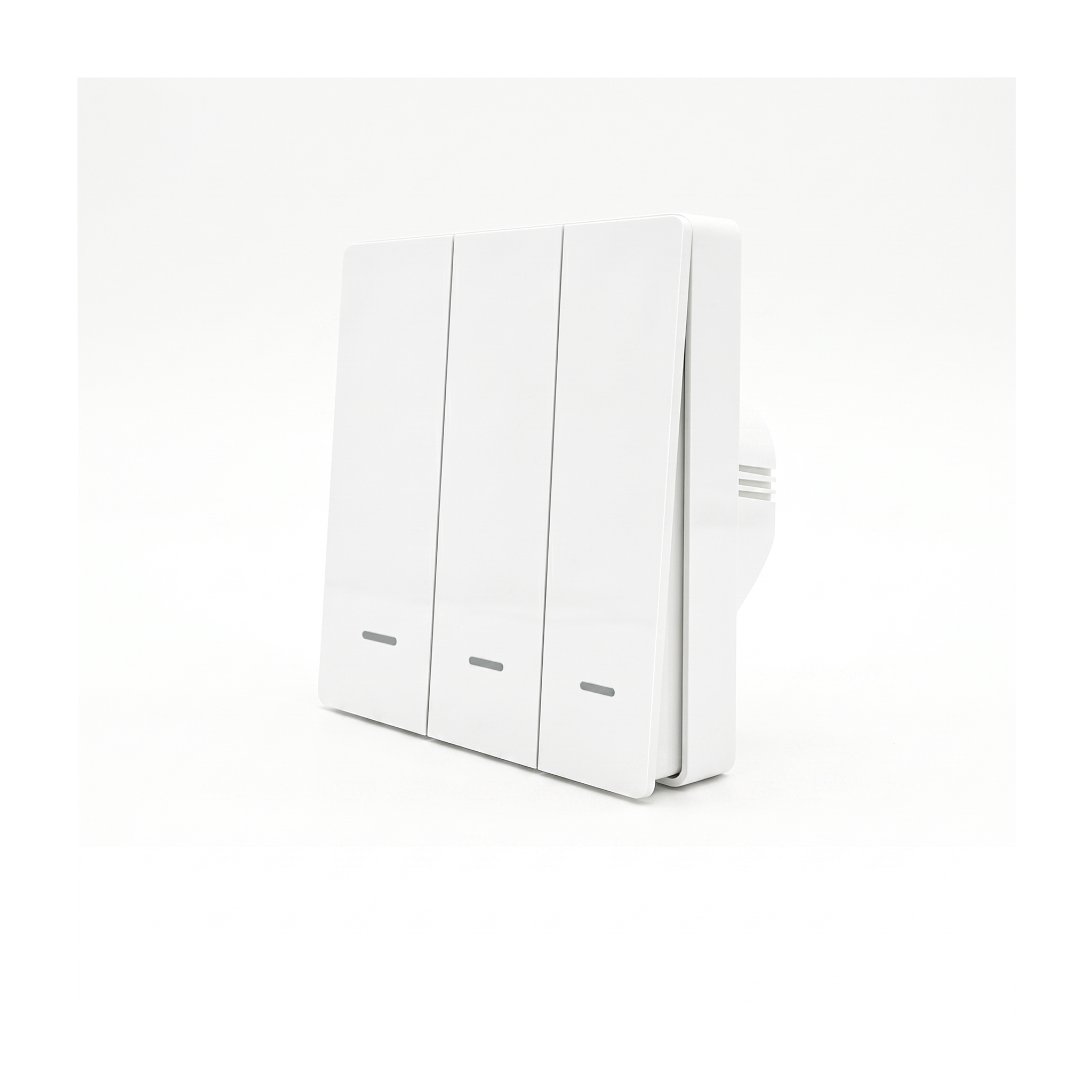 Interrupteur bouton-poussoir NéoPush RF Comfort V2 blanc pur à trois canaux.
