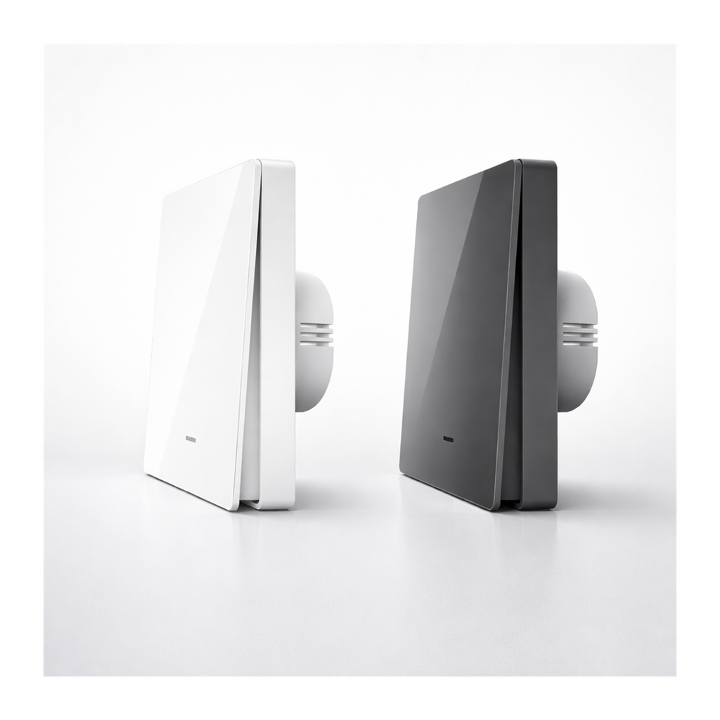 Profils blanc pur et gris élégant de l’interrupteur bouton-poussoir NéoPush RF Comfort V2.