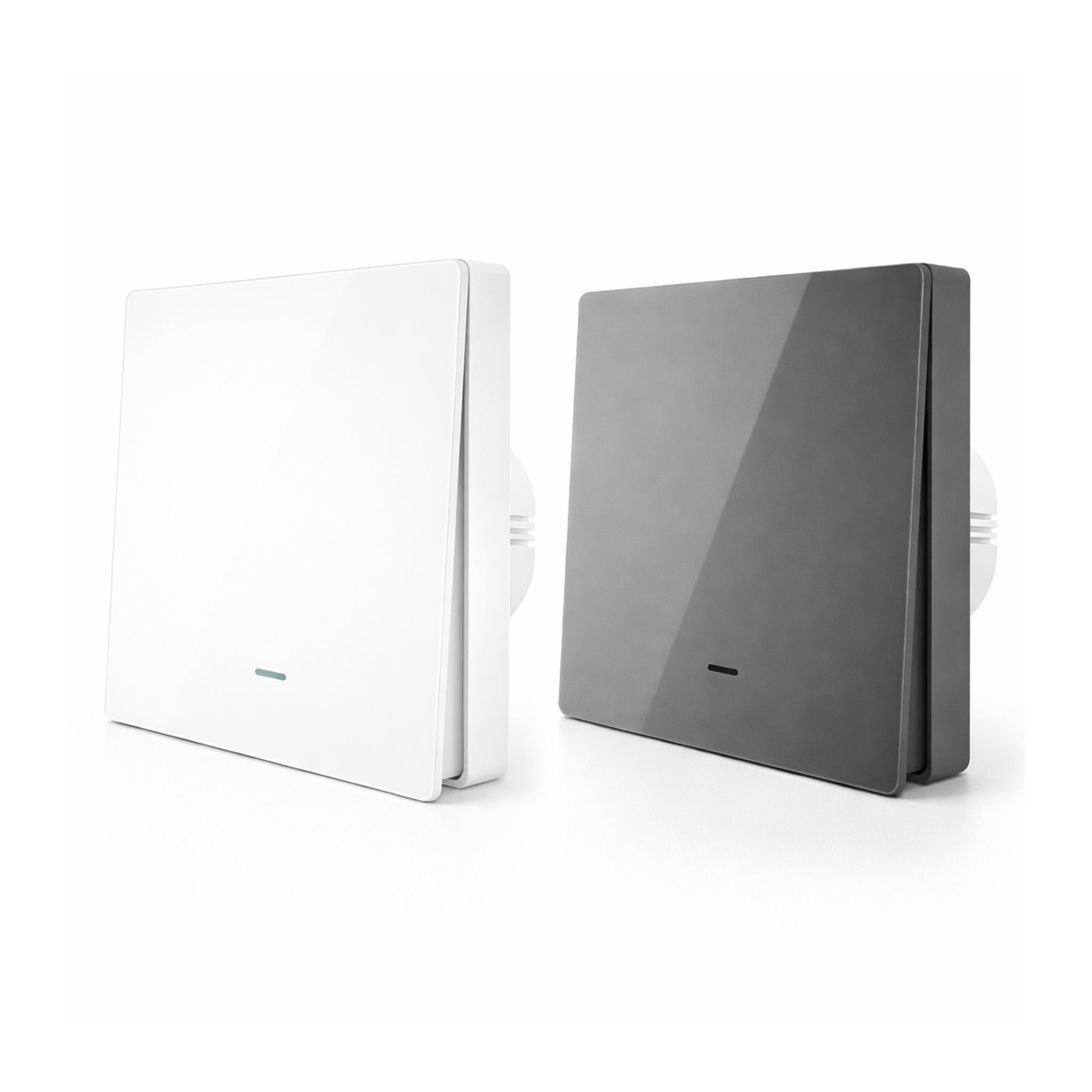 Variantes blanc pur et gris élégant de l’interrupteur bouton-poussoir NéoPush RF Comfort V2.
