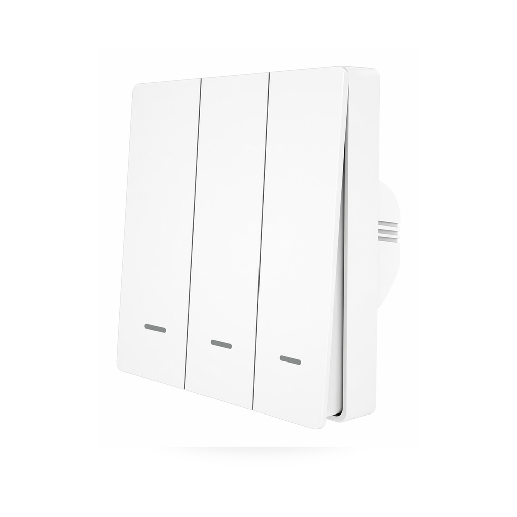 Studio packshot of white NeoPush RF Comfort three-button switch