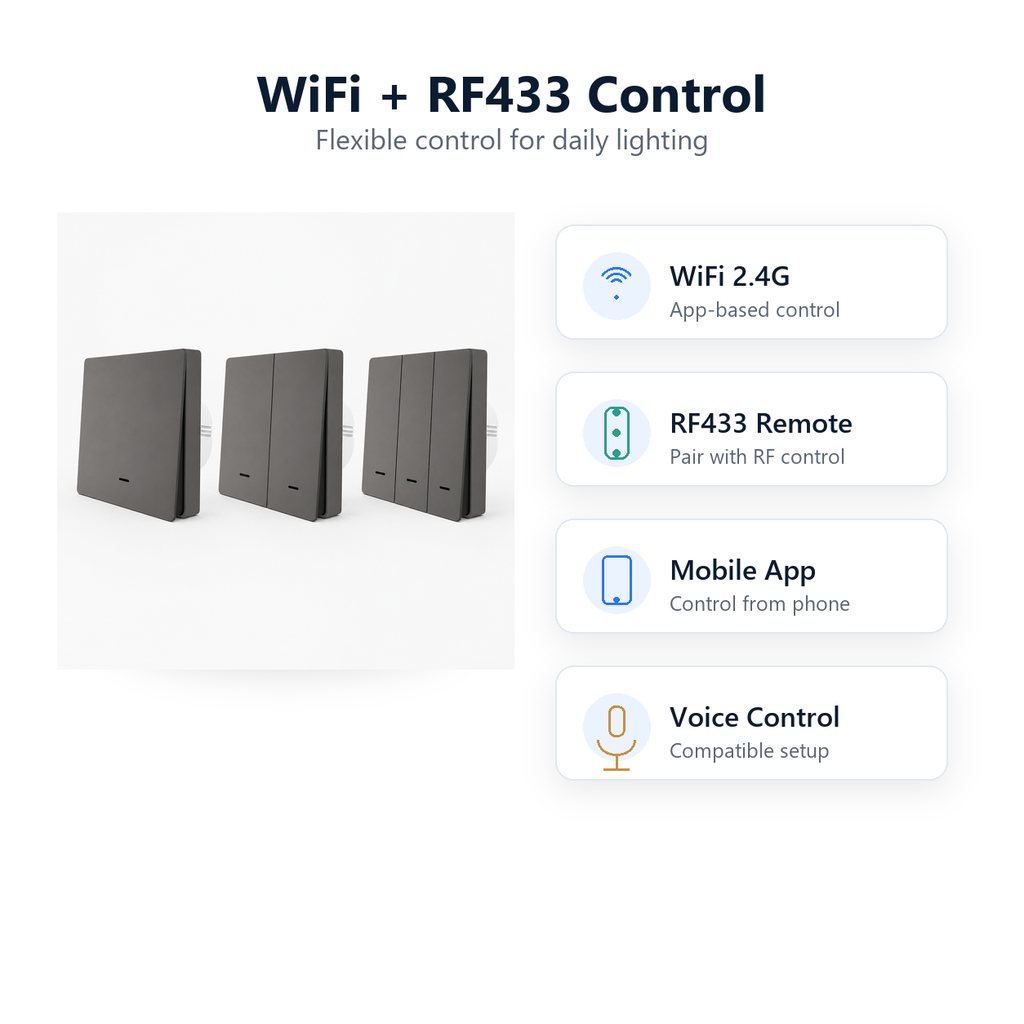 WiFi and RF433 control modes for NeoPush RF Comfort smart switch