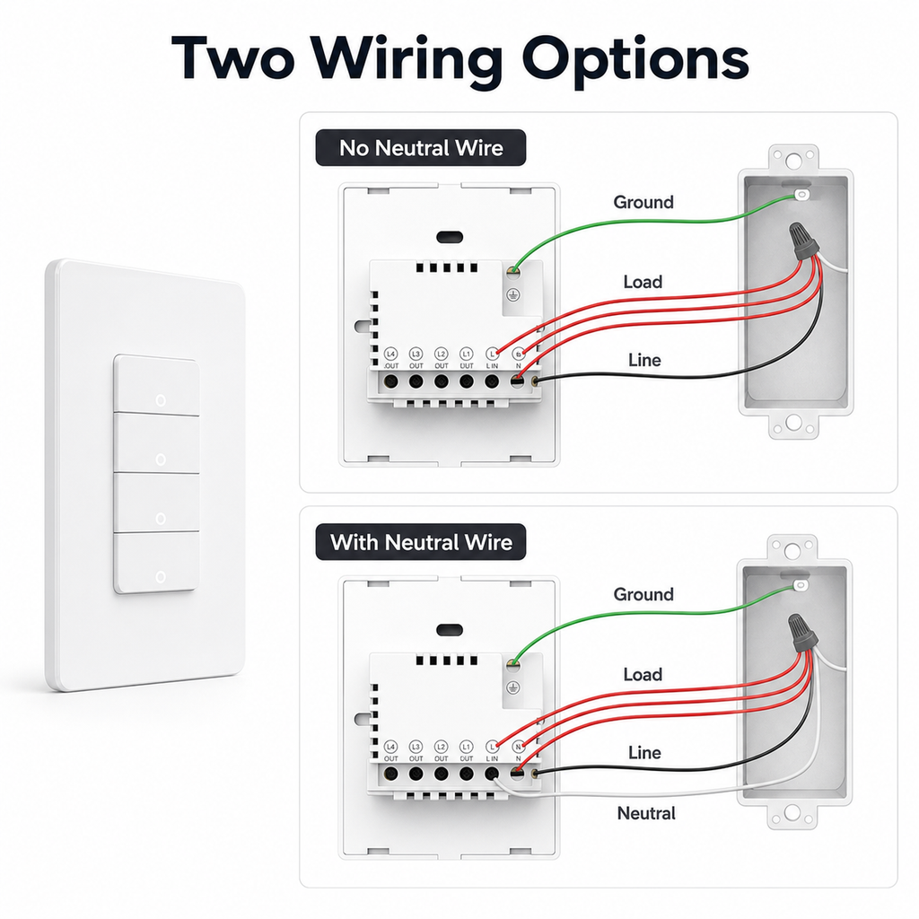 Neutral and no-neutral wiring options for NéoPush ZigBee Hybrid