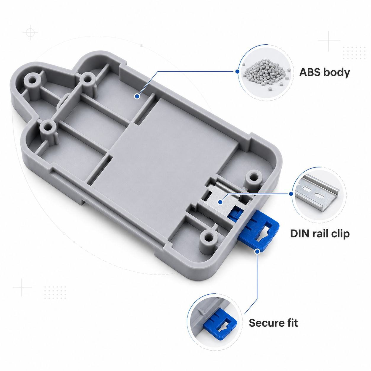 ABS body feature callouts for gray DIN rail tray