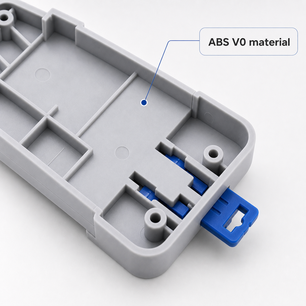 Close-up of ABS V0 material detail on DIN rail tray