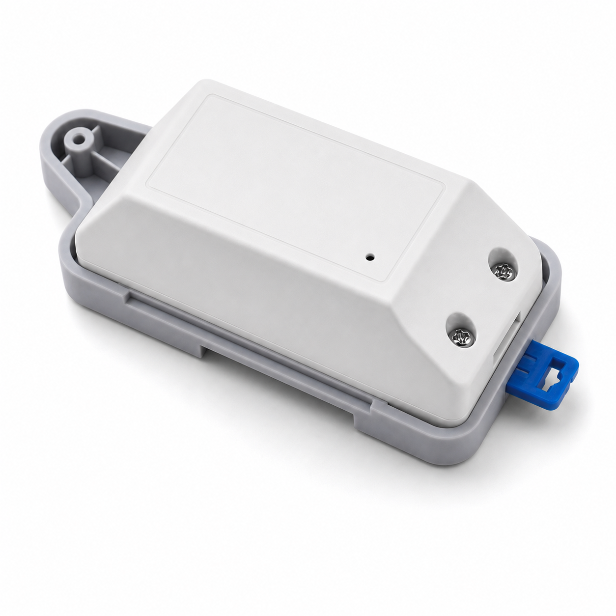 Side angle packshot of compact smart switch module on DIN rail tray