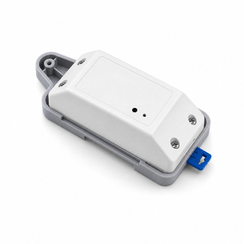 Studio packshot of Basic R2 style smart module on DIN rail tray