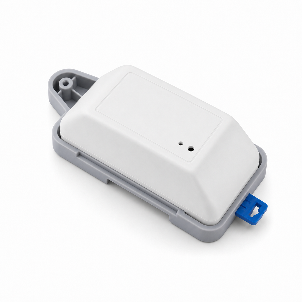 Studio packshot of rounded smart module mounted on DIN rail tray