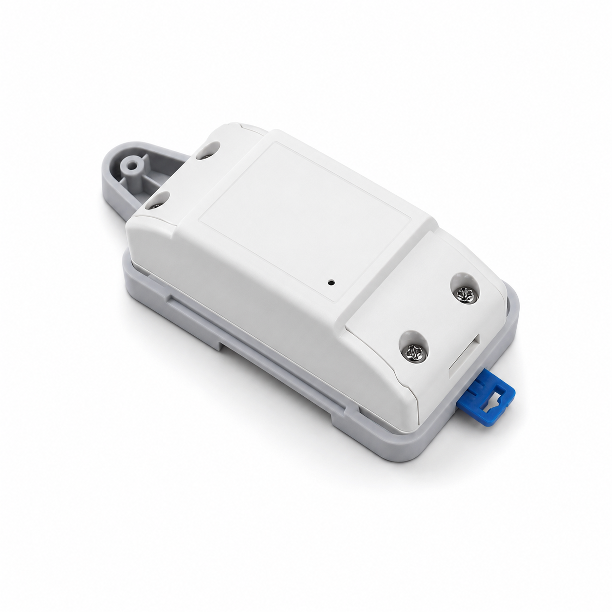 Studio packshot of DIN rail mount kit with compact smart module