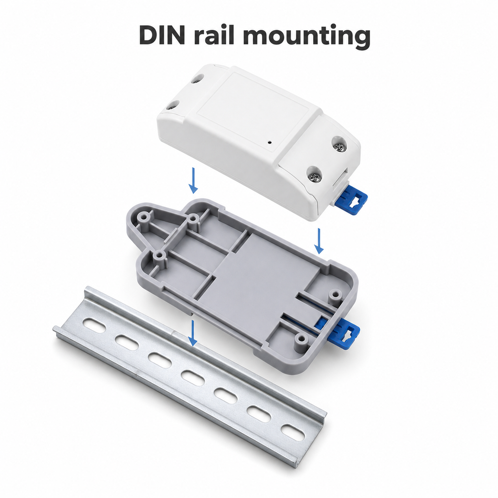 DIN rail mounting diagram showing tray module and rail