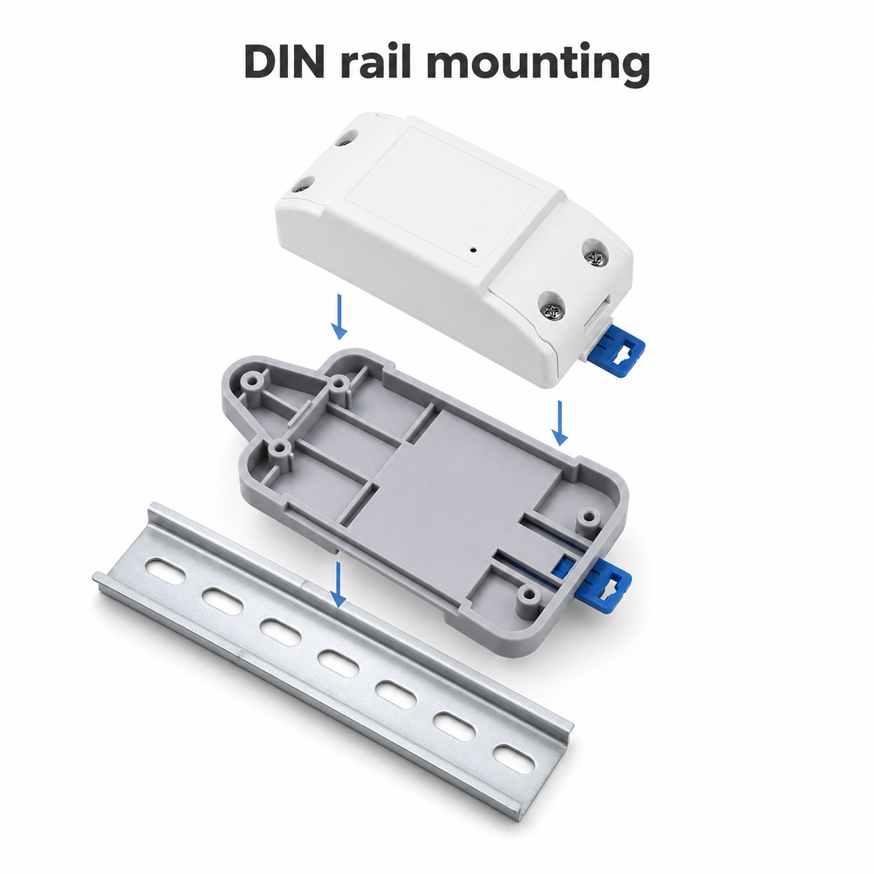 DIN rail mounting diagram showing tray module and rail