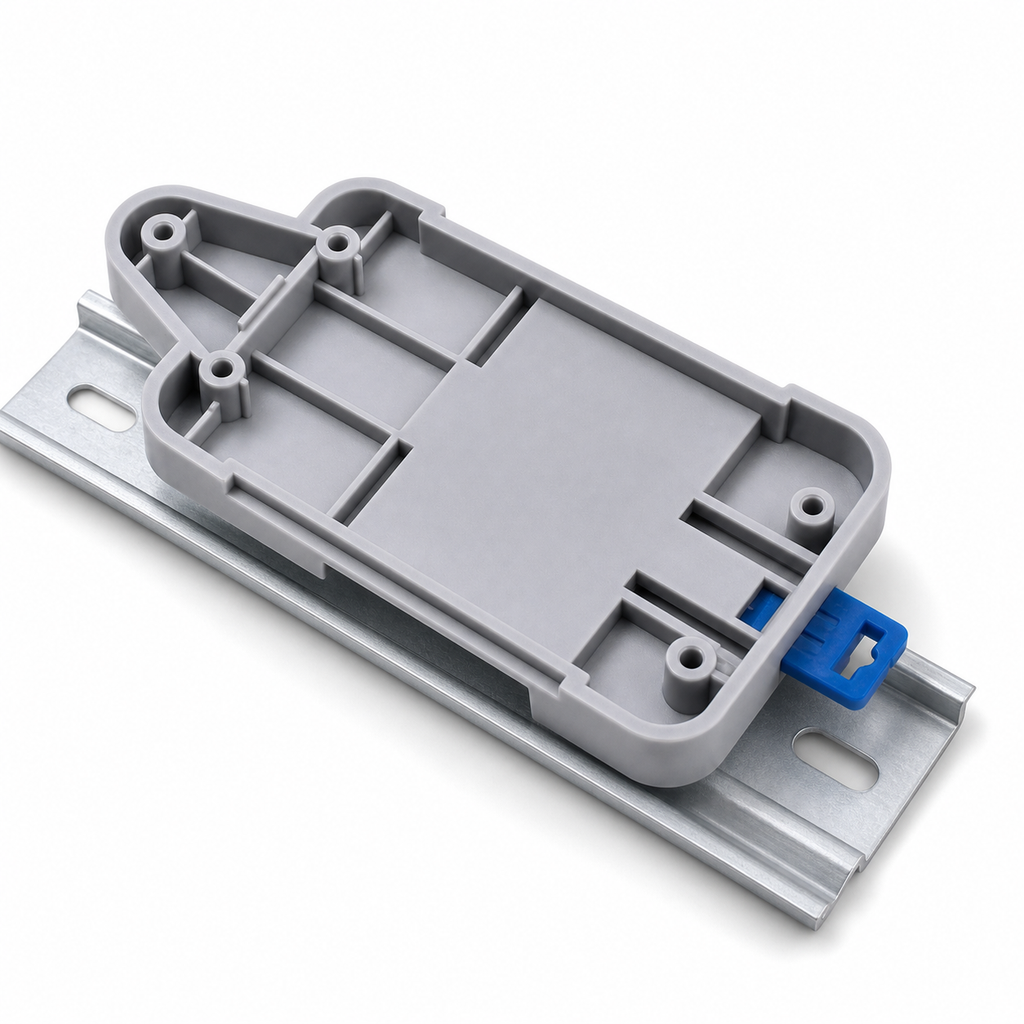 DIN rail tray clipped onto metal rail with blue release tab visible