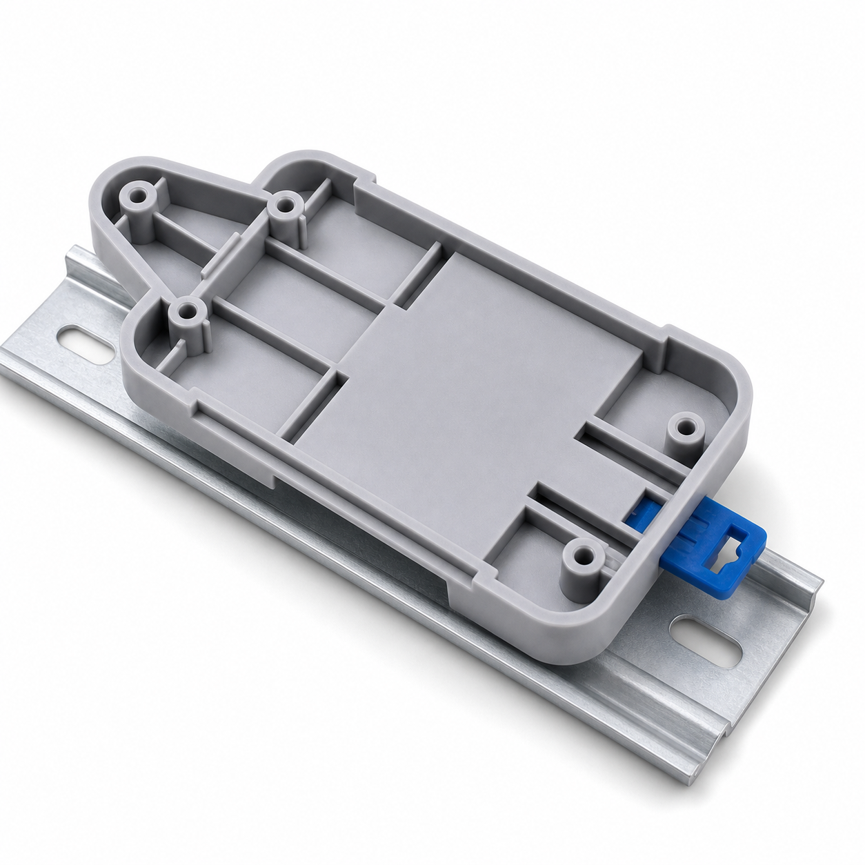 DIN rail tray clipped onto metal rail with blue release tab visible