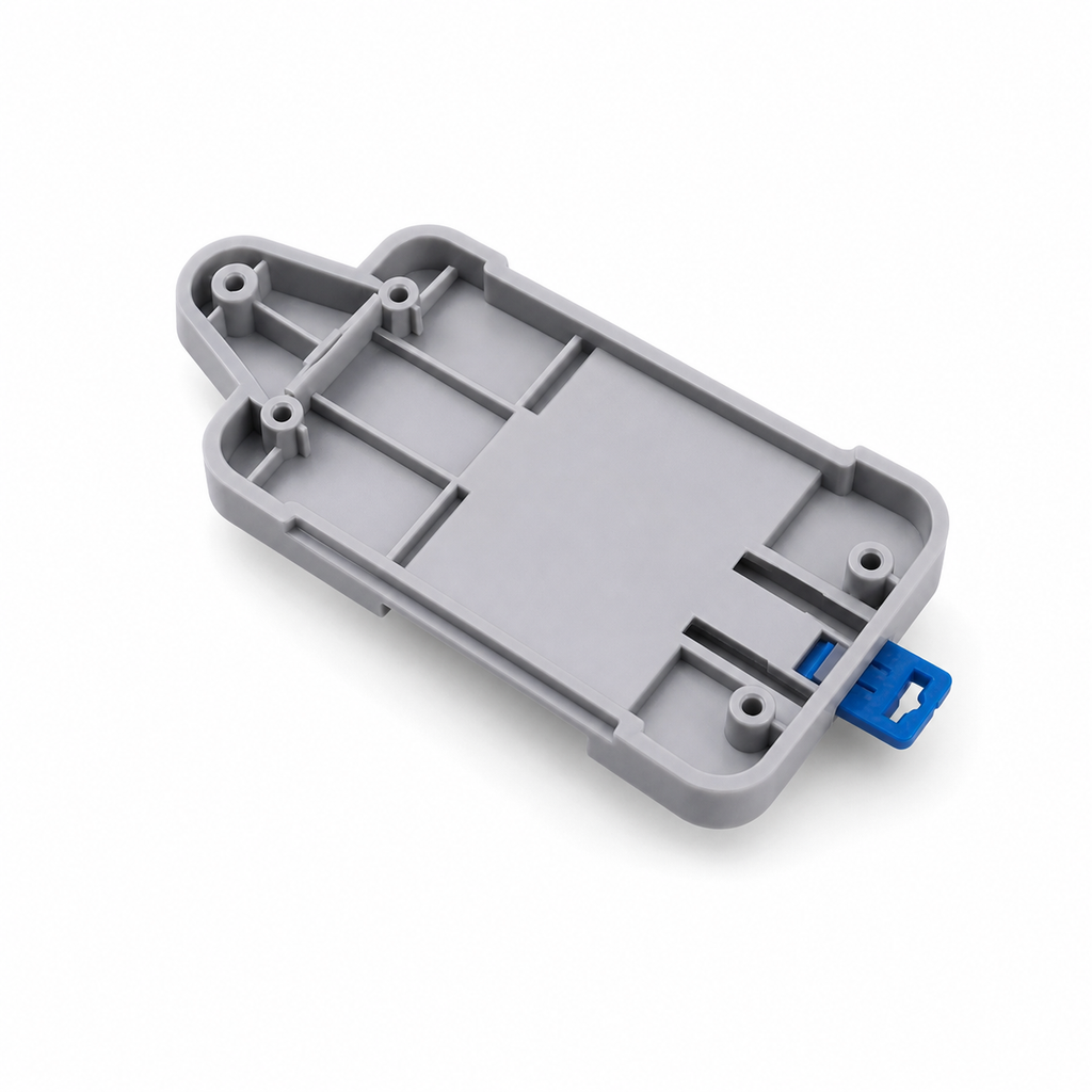 Studio packshot of gray DIN rail tray with blue release tab