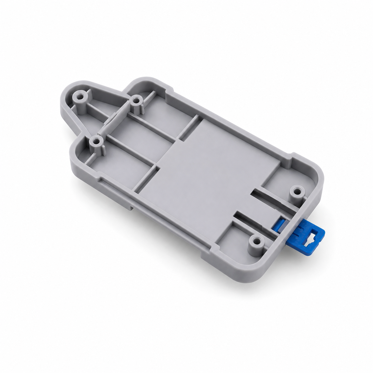 Studio packshot of gray DIN rail tray with blue release tab