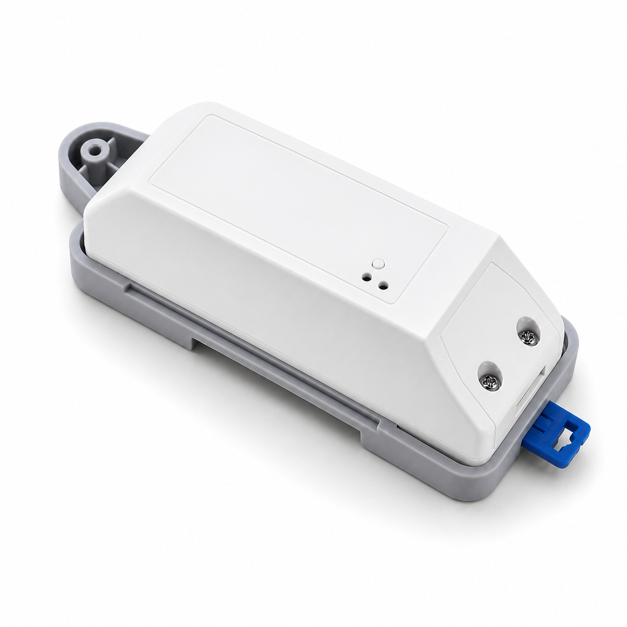 Studio packshot of dual relay module mounted on DIN rail tray