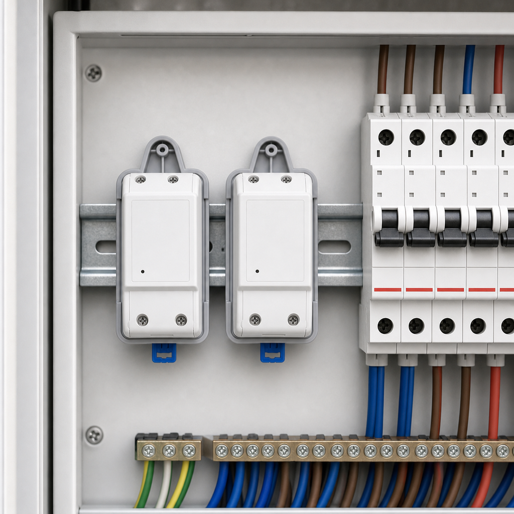 Mounted DIN rail tray smart modules inside electrical cabinet