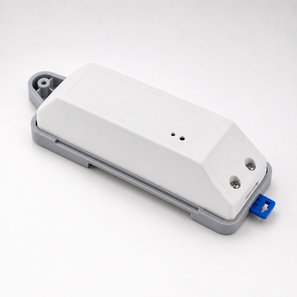 Side angle packshot of energy monitoring module on DIN rail tray