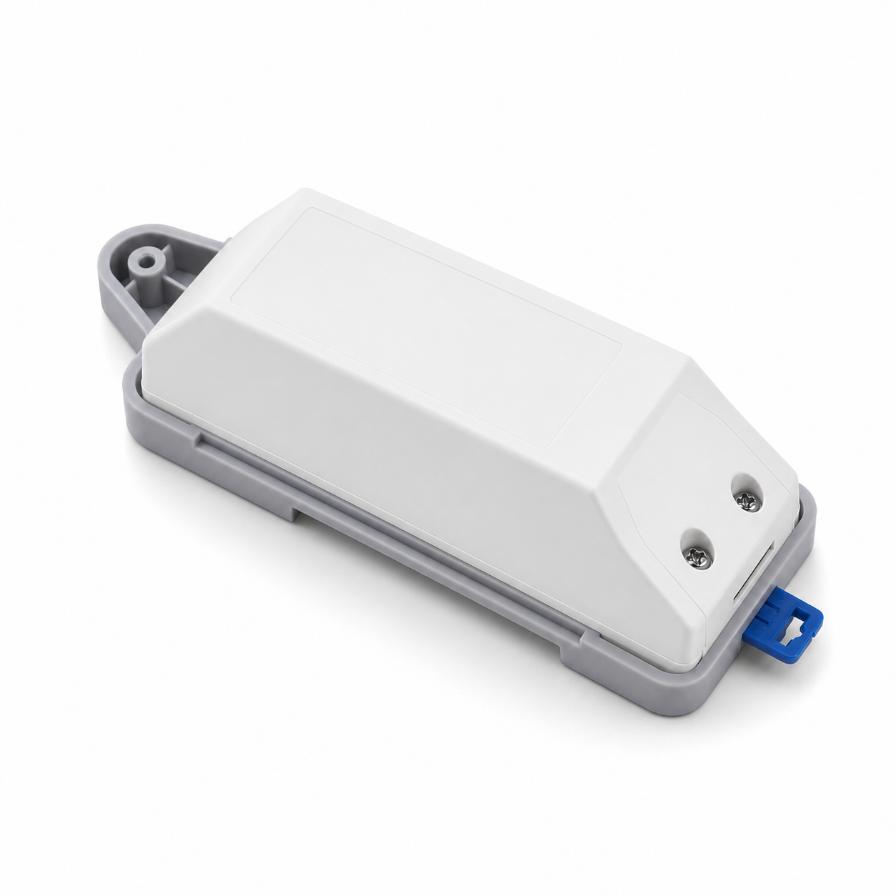 Studio packshot of energy monitoring module mounted on DIN rail tray