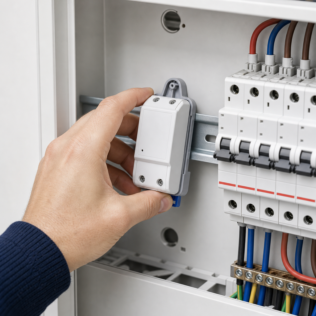 Hand installing a smart module on DIN rail tray inside electrical panel