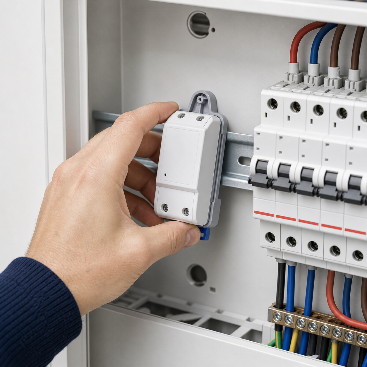 Hand installing a smart module on DIN rail tray inside electrical panel