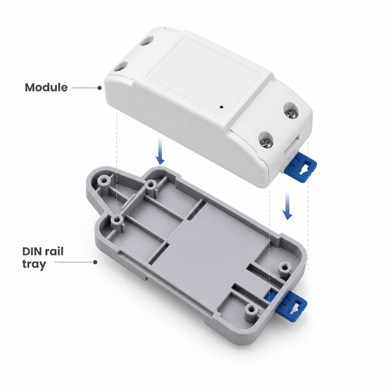 Visual fit guide for smart module and DIN rail tray