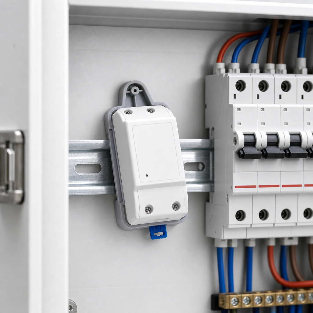 DIN rail mount kit installed inside a clean electrical panel