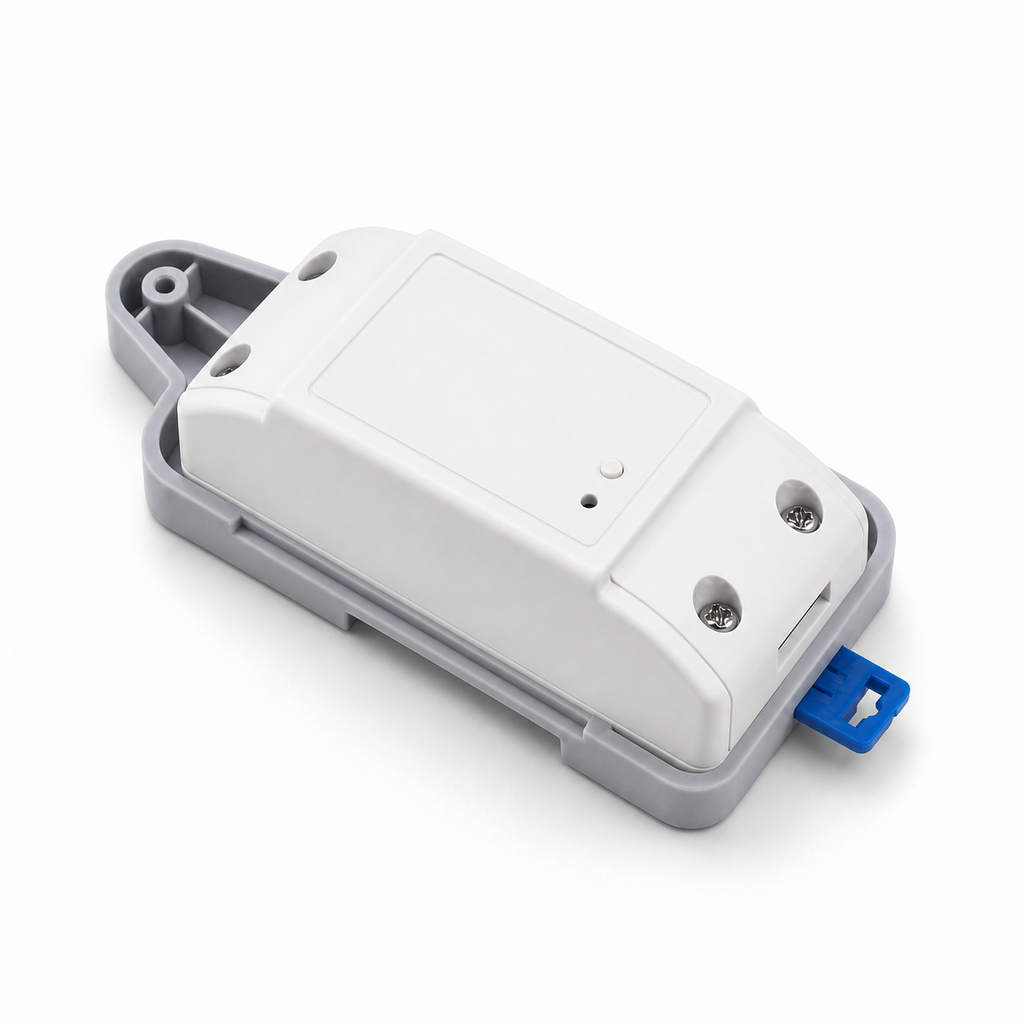 Studio packshot of RF smart module mounted on DIN rail tray