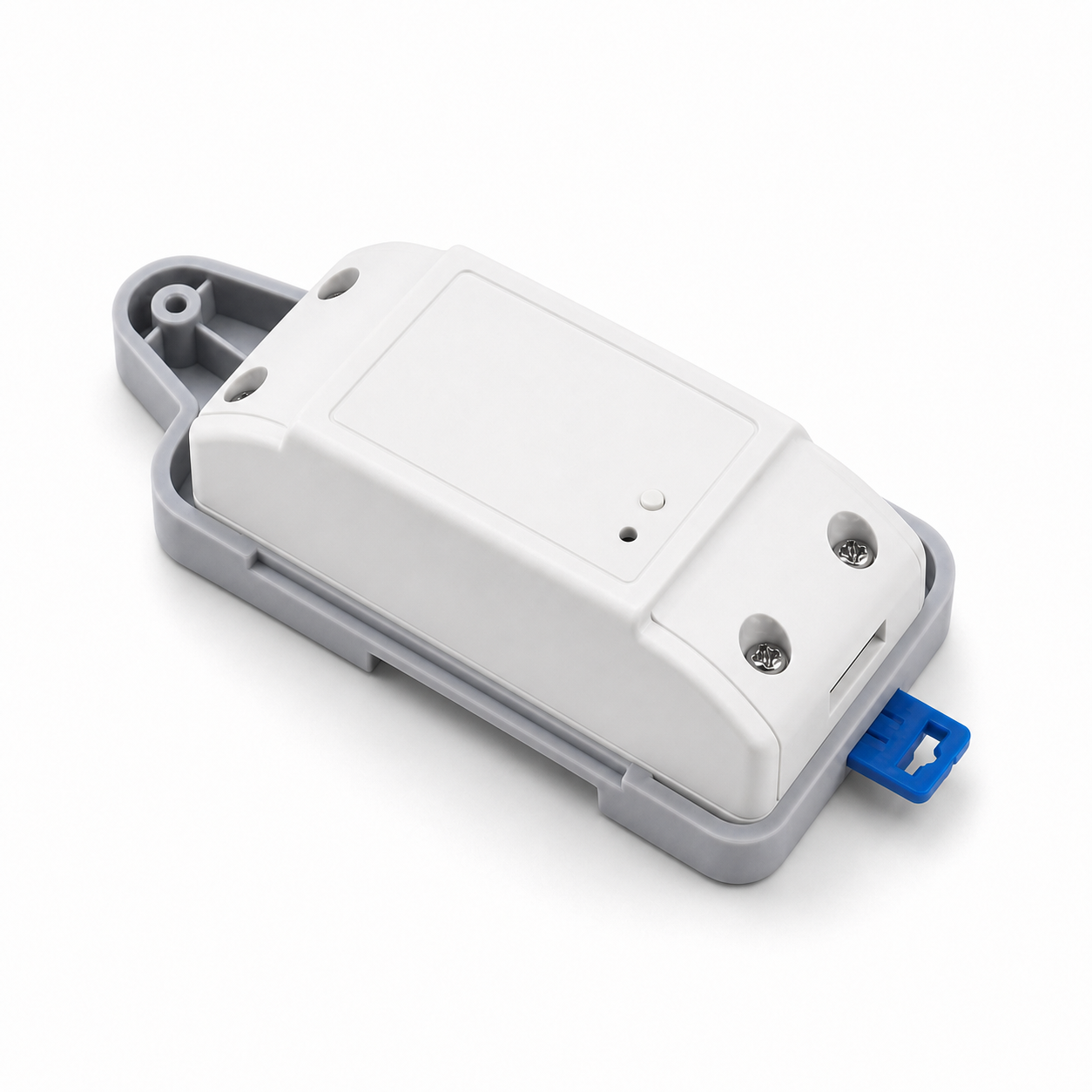 Studio packshot of RF smart module mounted on DIN rail tray