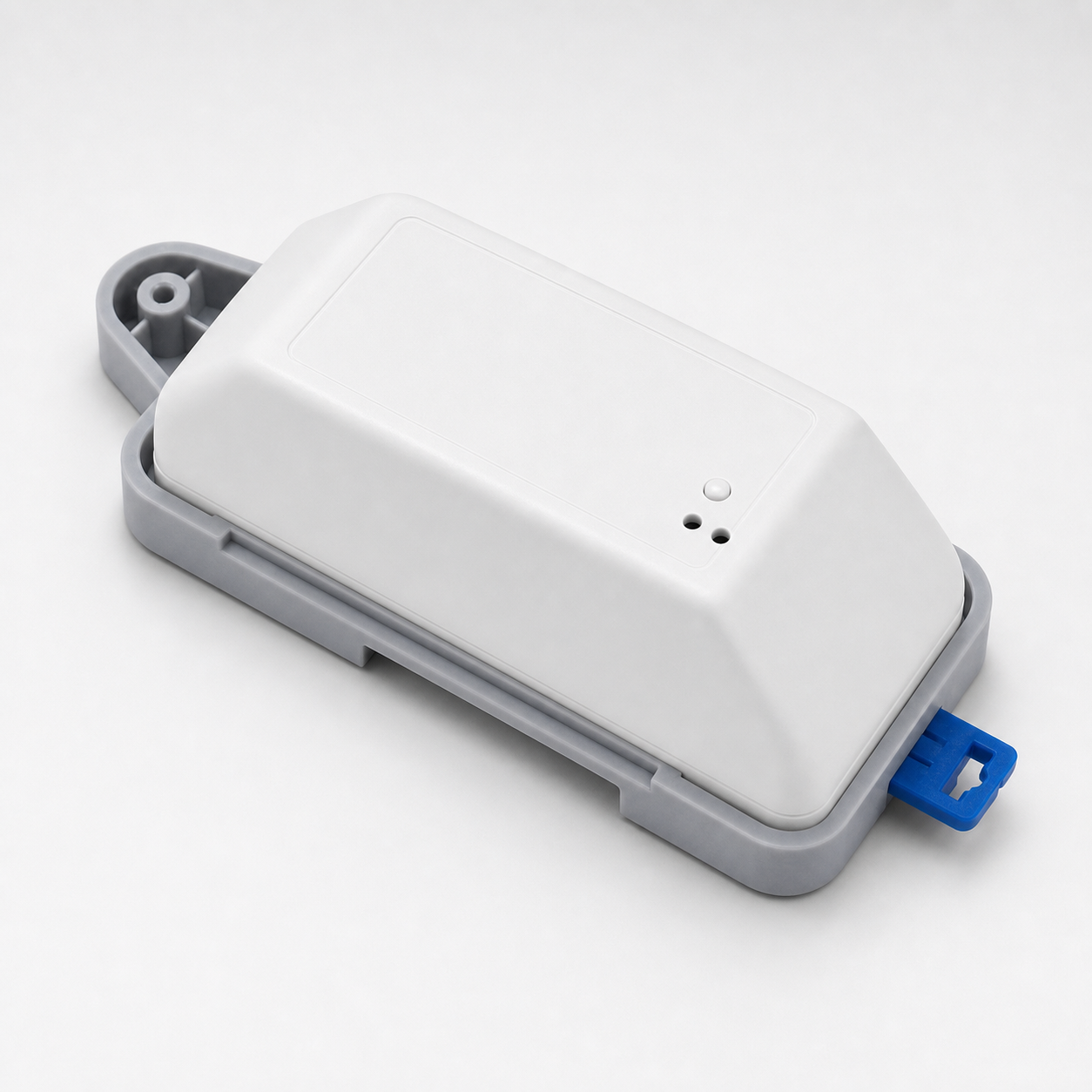 Side angle packshot of rounded RF module on DIN rail tray