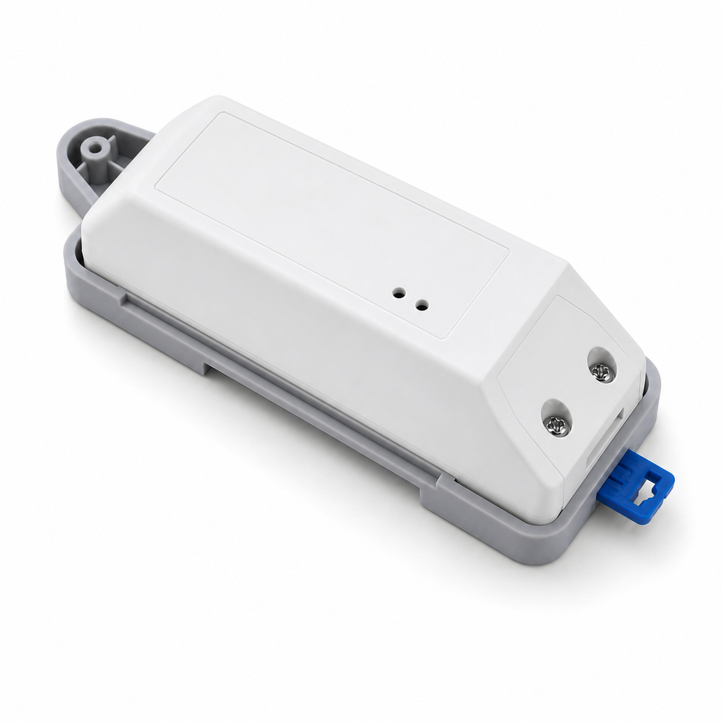 Studio packshot of TH10 style relay module on DIN rail tray