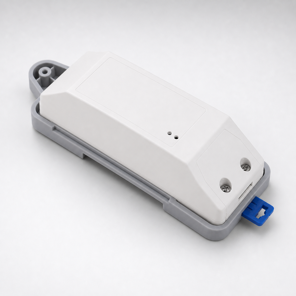 Side angle packshot of long relay module on DIN rail tray