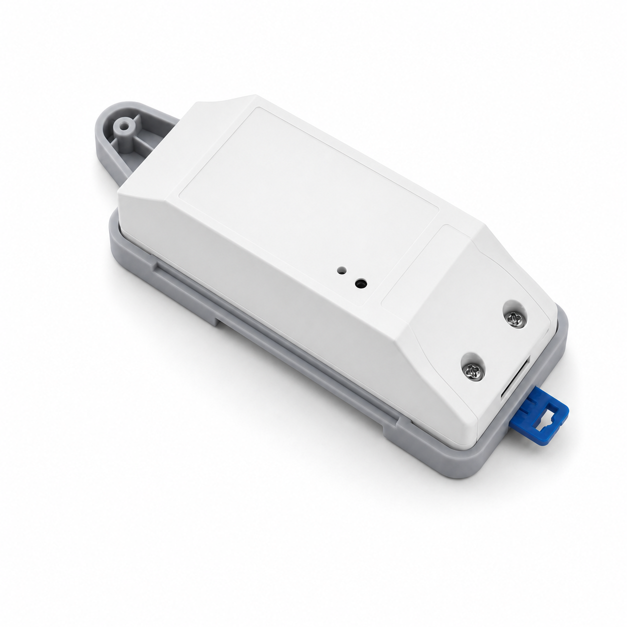 Studio packshot of long temperature relay module on DIN rail tray