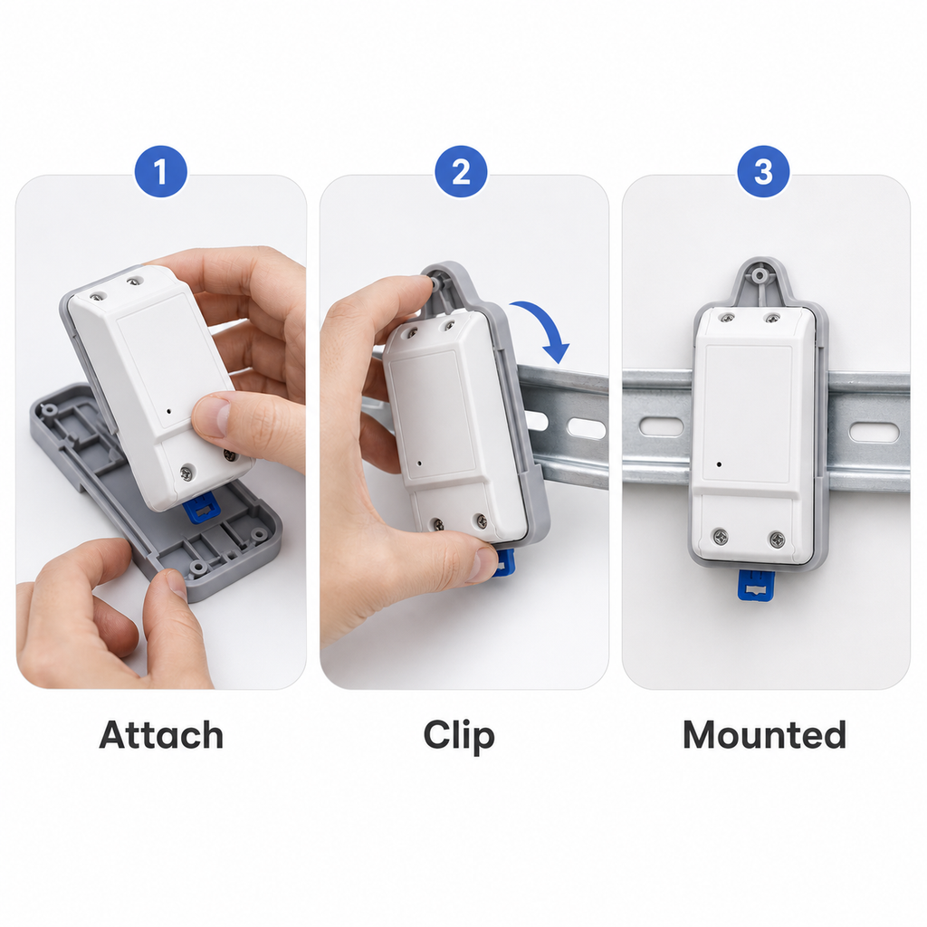 Three-step installation guide for DIN rail tray and smart module
