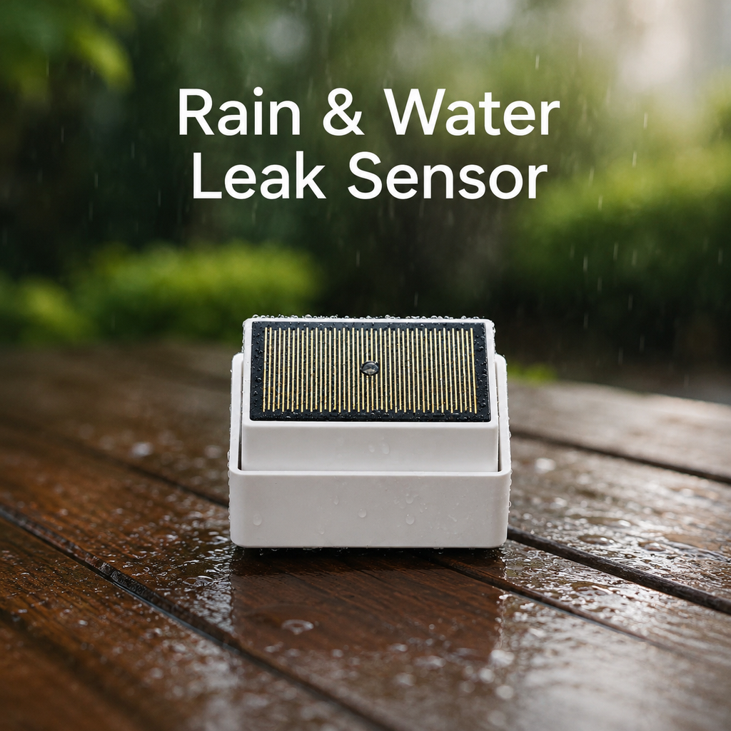 Studio packshot of rain and water leak sensor on wet outdoor deck