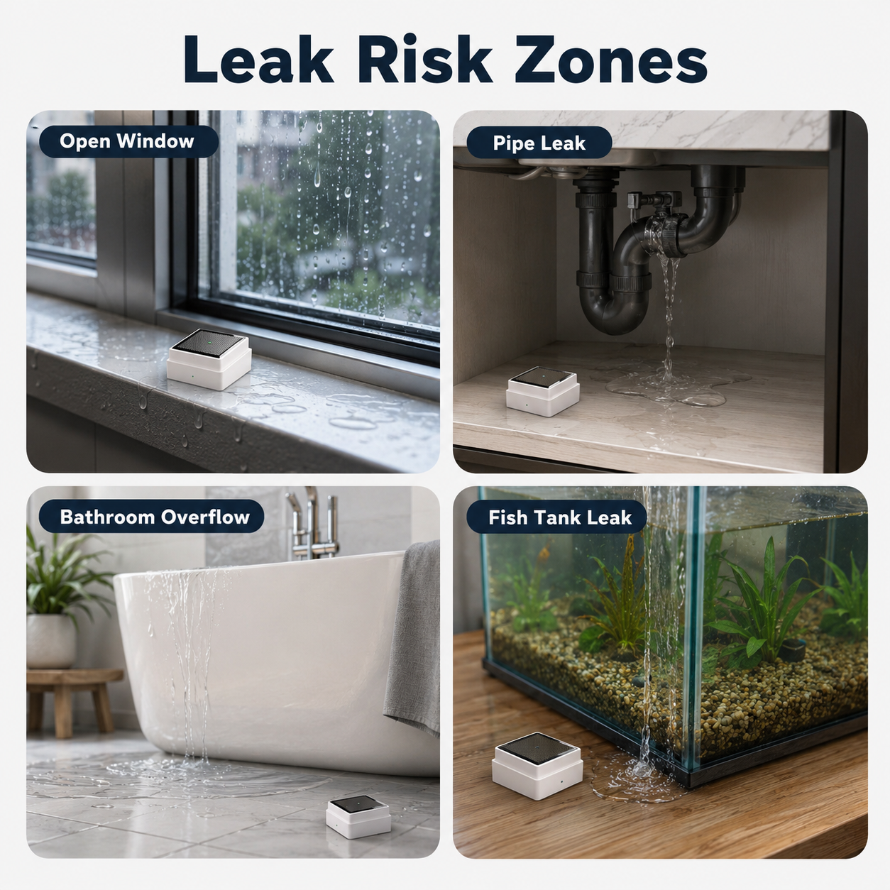 Common leak risk zones monitored by rain and water sensor