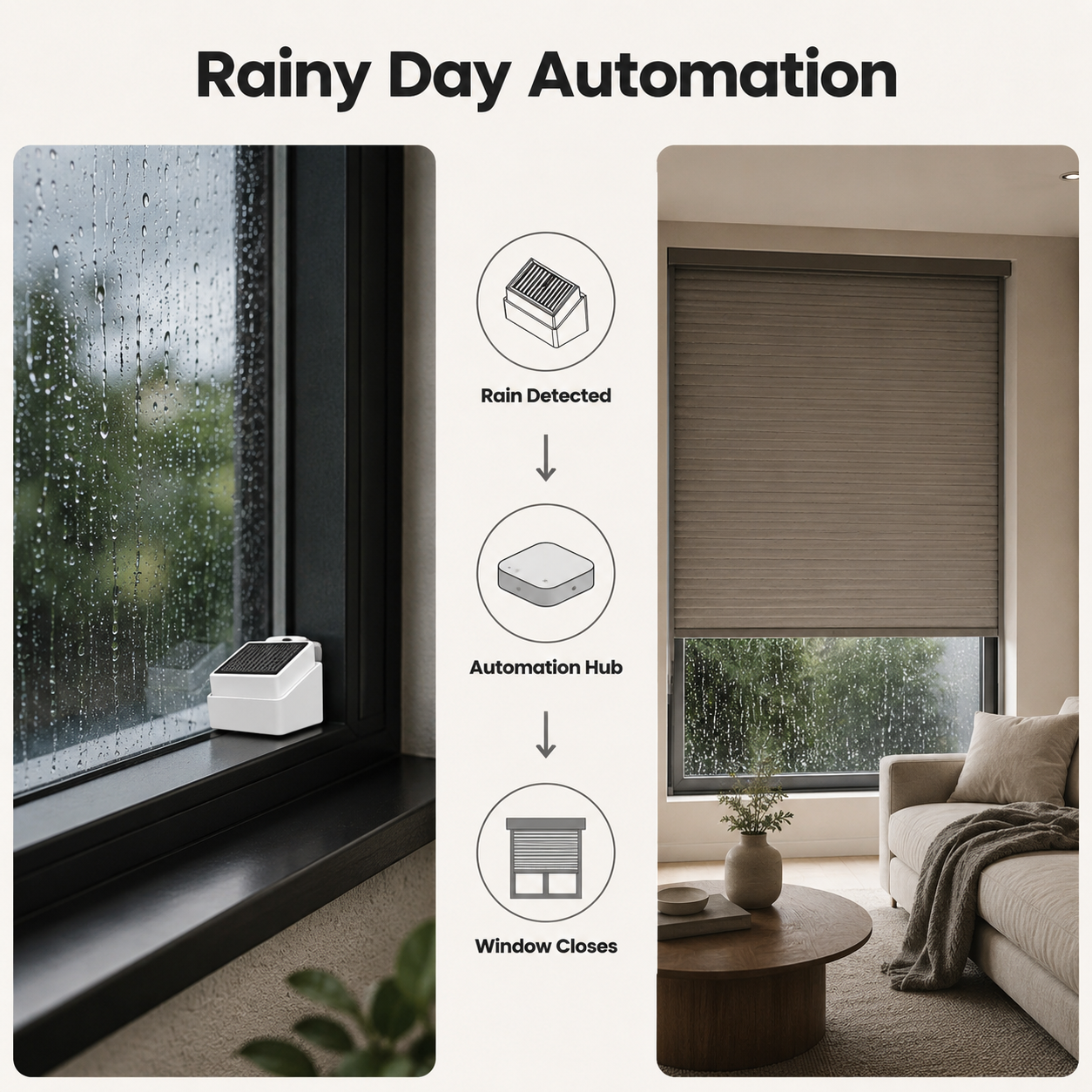 Rainy day automation scene for window shade control
