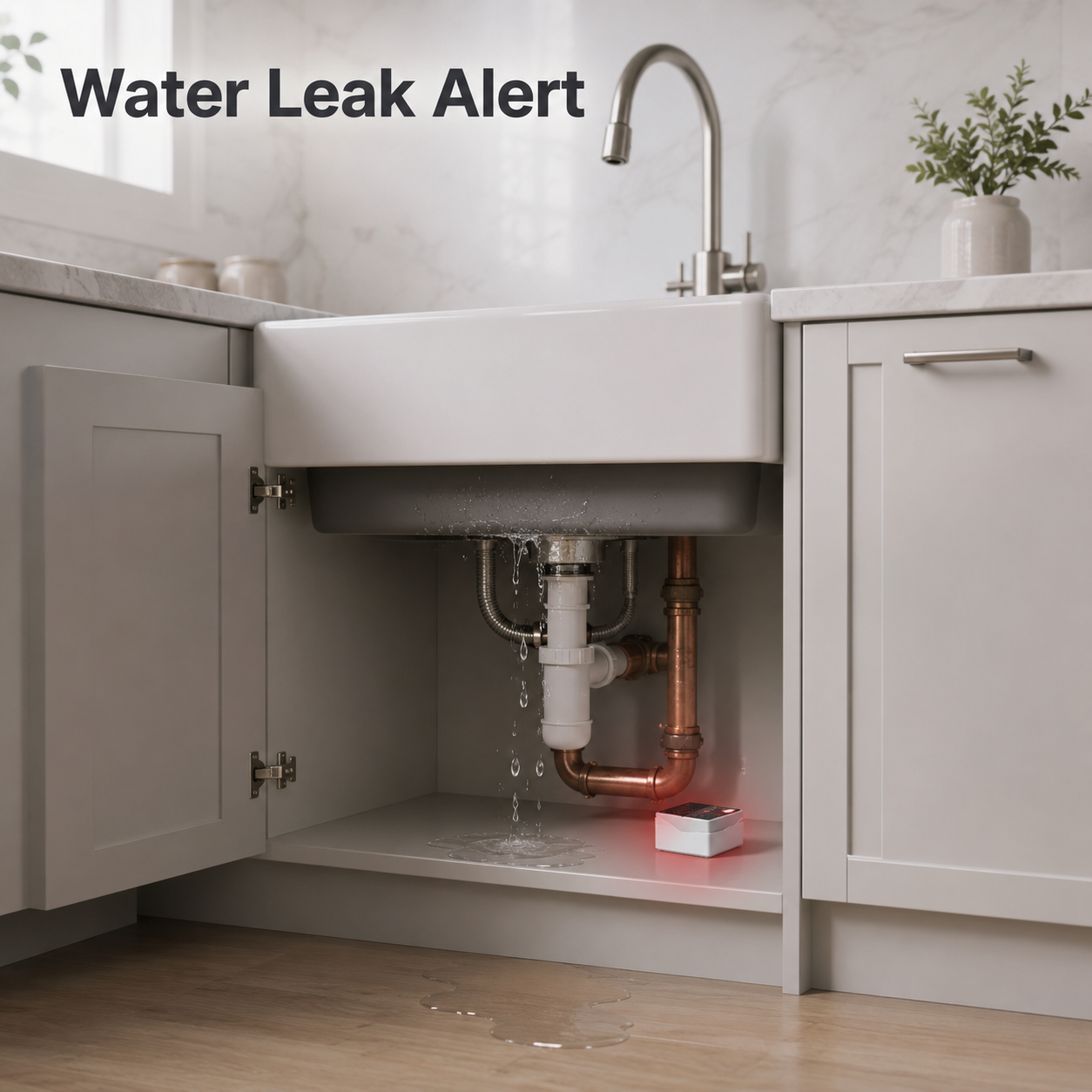 Water leak alert scene under kitchen sink