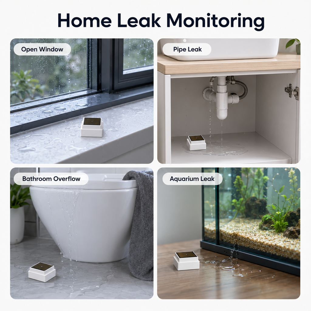 Home leak monitoring scenarios for windows, pipes, bathroom, and aquarium