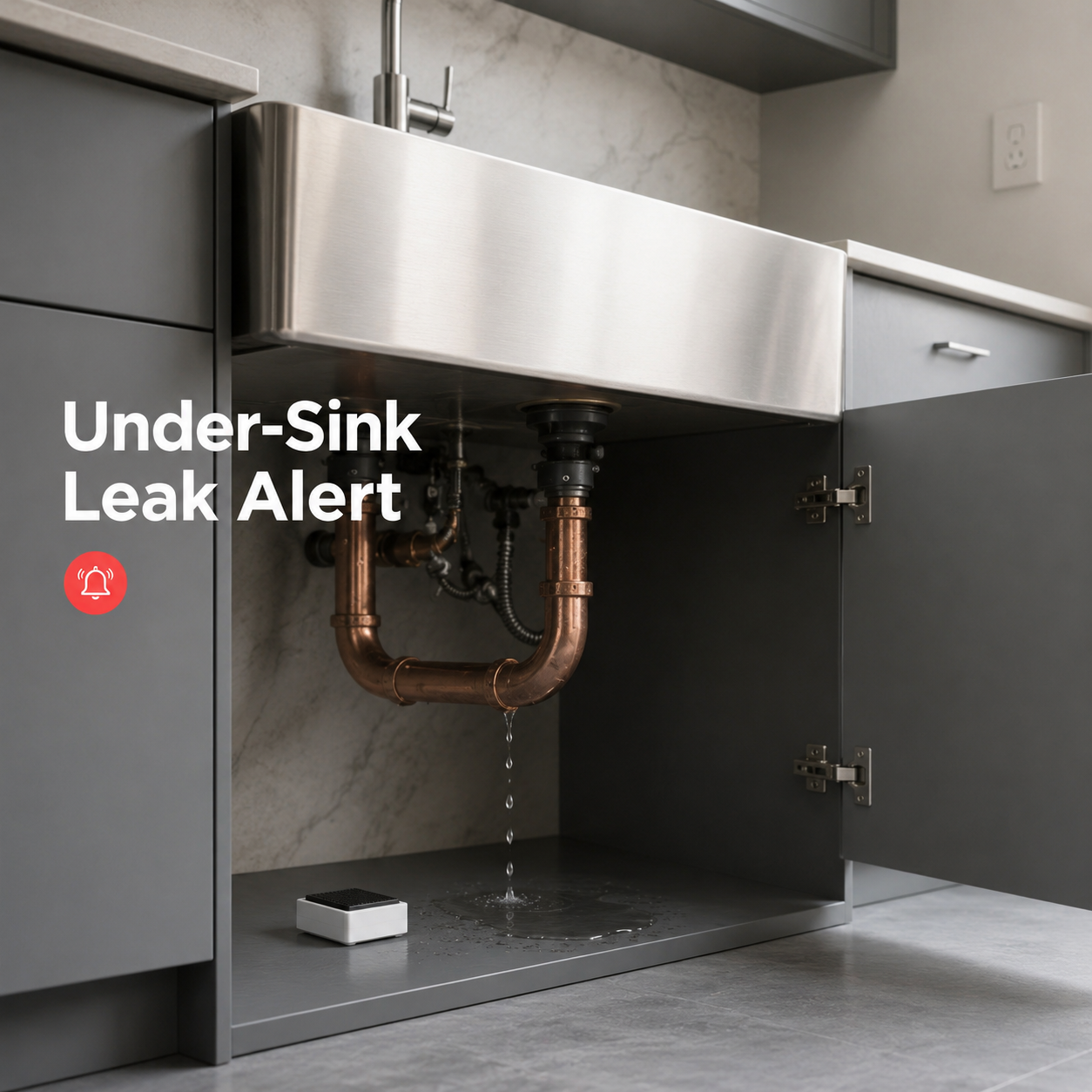 Under-sink leak alert scene with compact water sensor