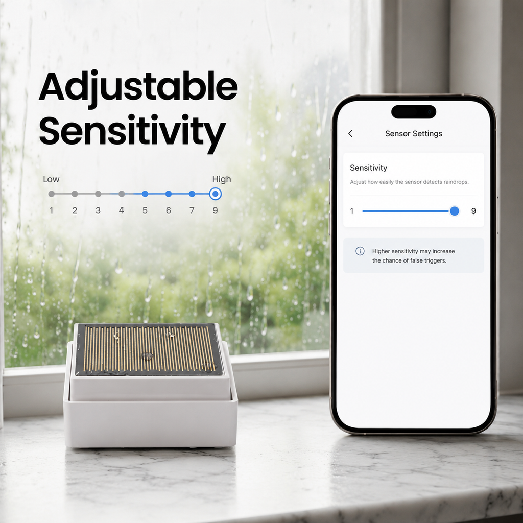 Adjustable sensitivity app control for rain and water sensor