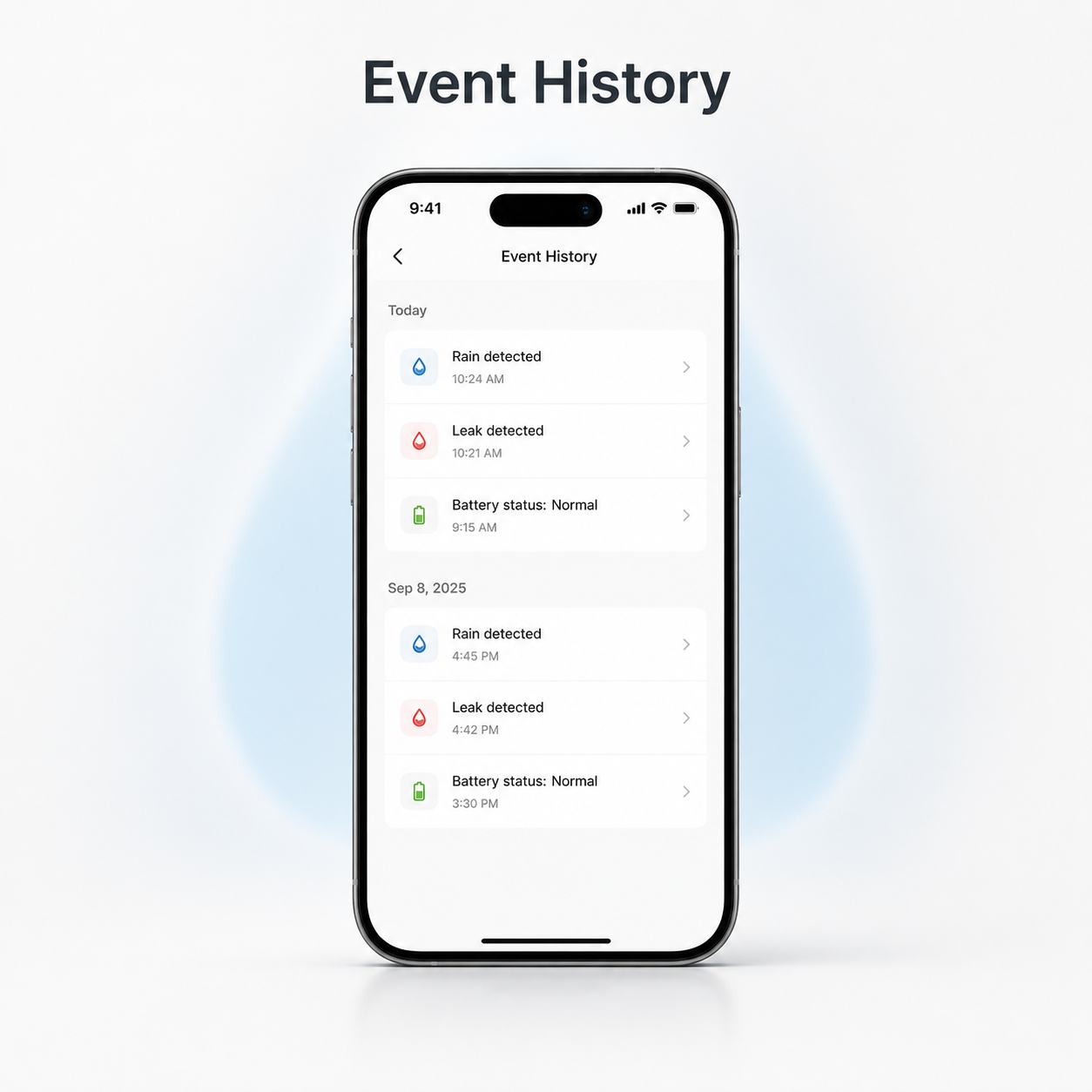 Event history app screen for rain and leak alerts