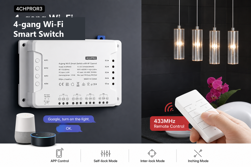 NéoRelay 4CH Pro 4-gang Wi-Fi smart switch hero image with RF remote control