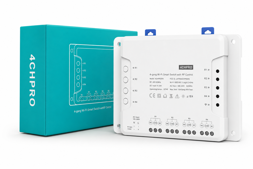 NéoRelay 4CH Pro product module with turquoise retail packaging